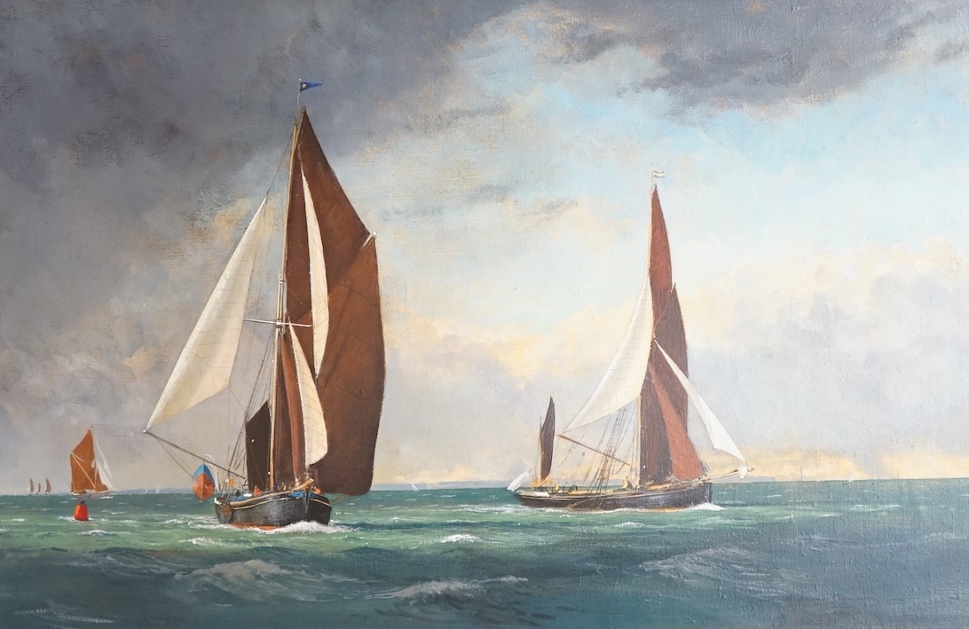 Anthony Flemming (Wapping Group, b.1936), maritime interest oil on canvas, ‘Swale Match, Passing Pollard Spit’, signed, 60 x 92cm, ornate frame